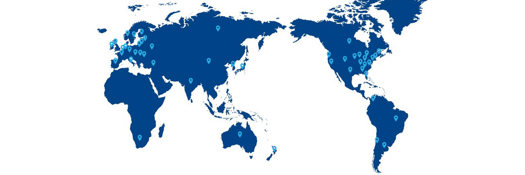 Map of Globe showing points where customers are located